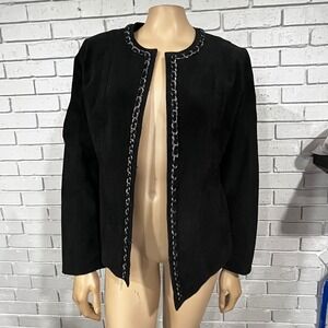 Hal Rubenstein Womens Black Suede Leather Chain‎ Trim Open Front Jacket Large